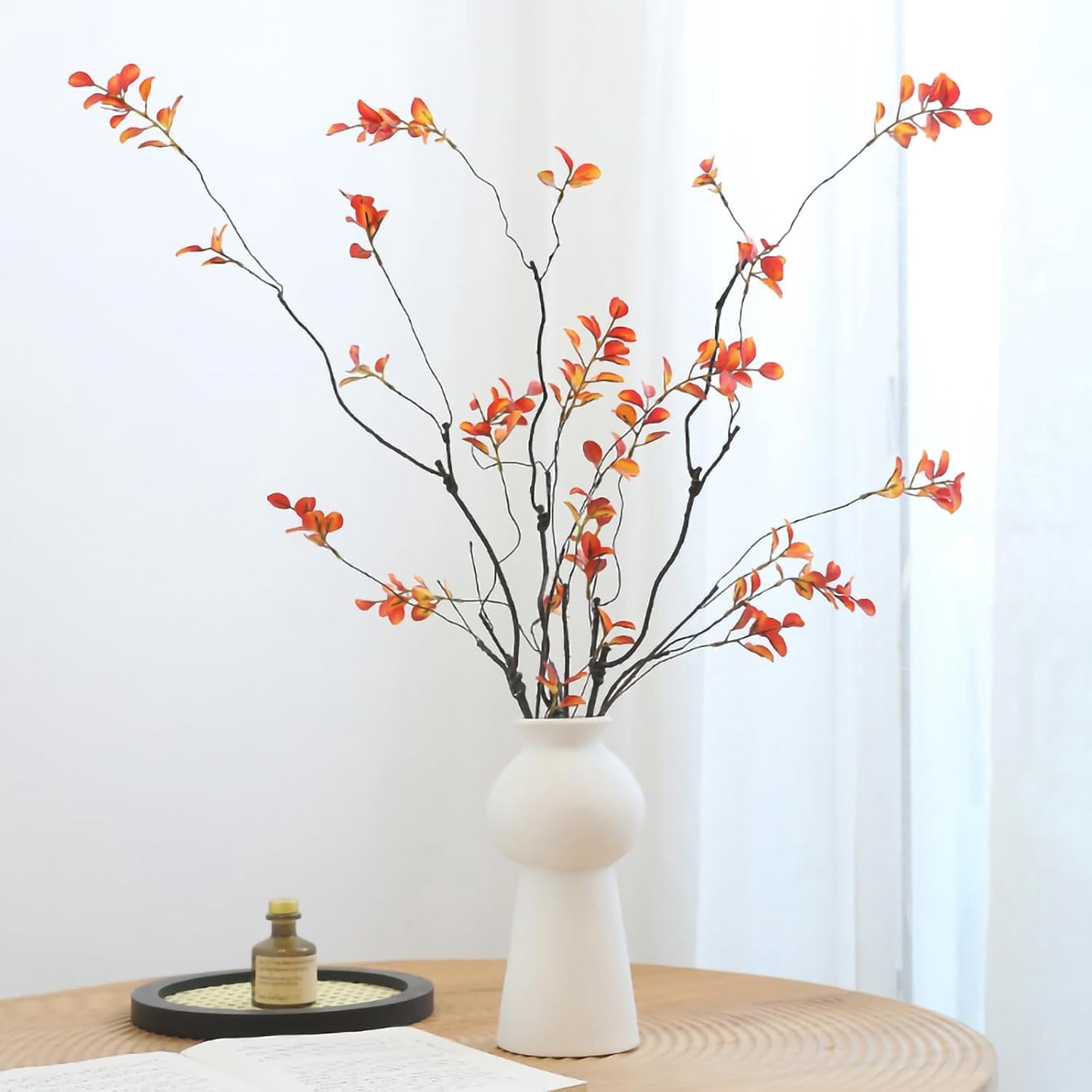 Trianu 4Pcs Fall Artificial Ficus Branches 35inch Artificial Fall Stems Faux Ficus Twig Plants Fake Leaf Fall Eucalyptus Branches for Vase Filler Office Table Wedding Home Decor