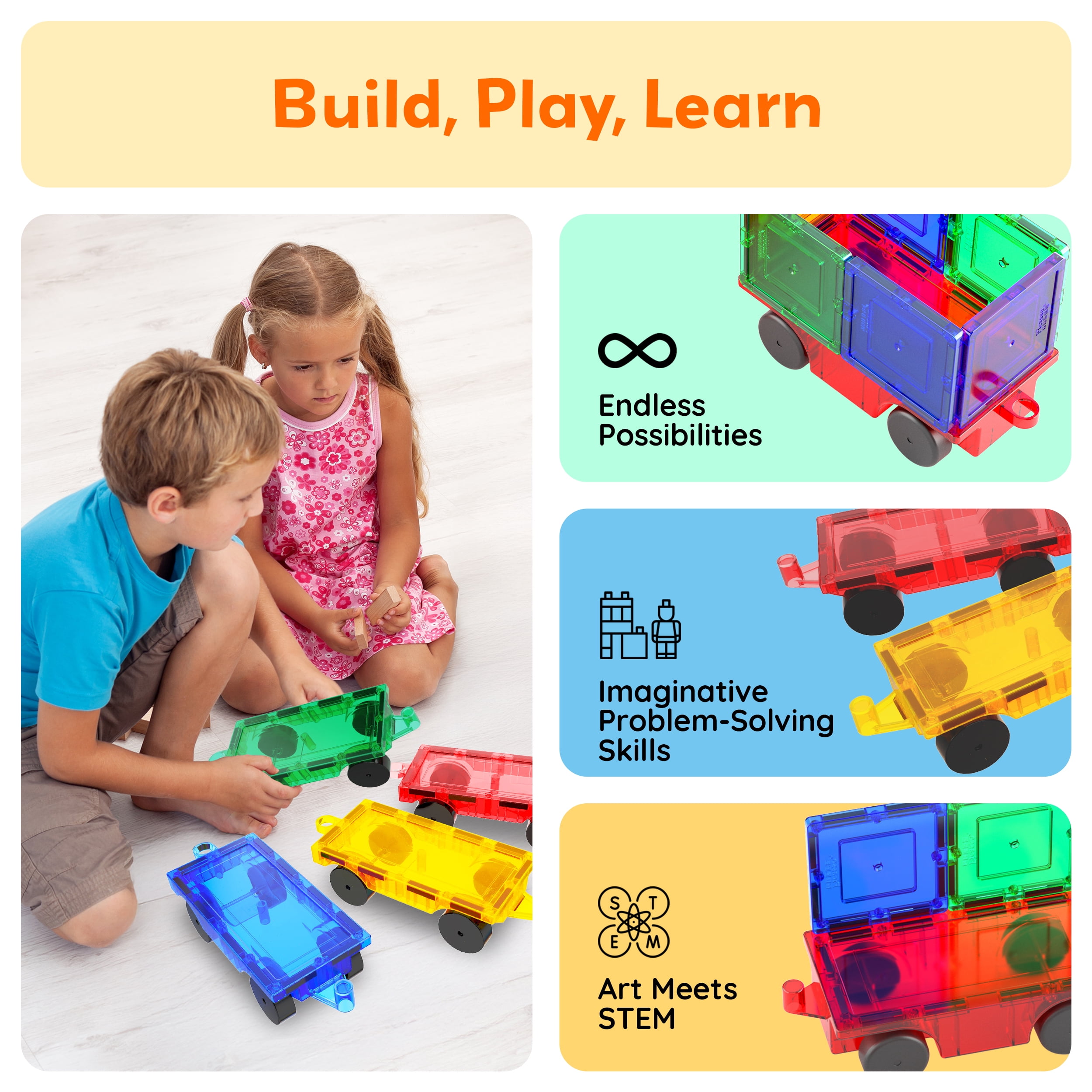 PicassoTiles 4PC Magnetic Tiles Car Truck Base Construction Building Toy , Educational STEM Building Kits for Kids