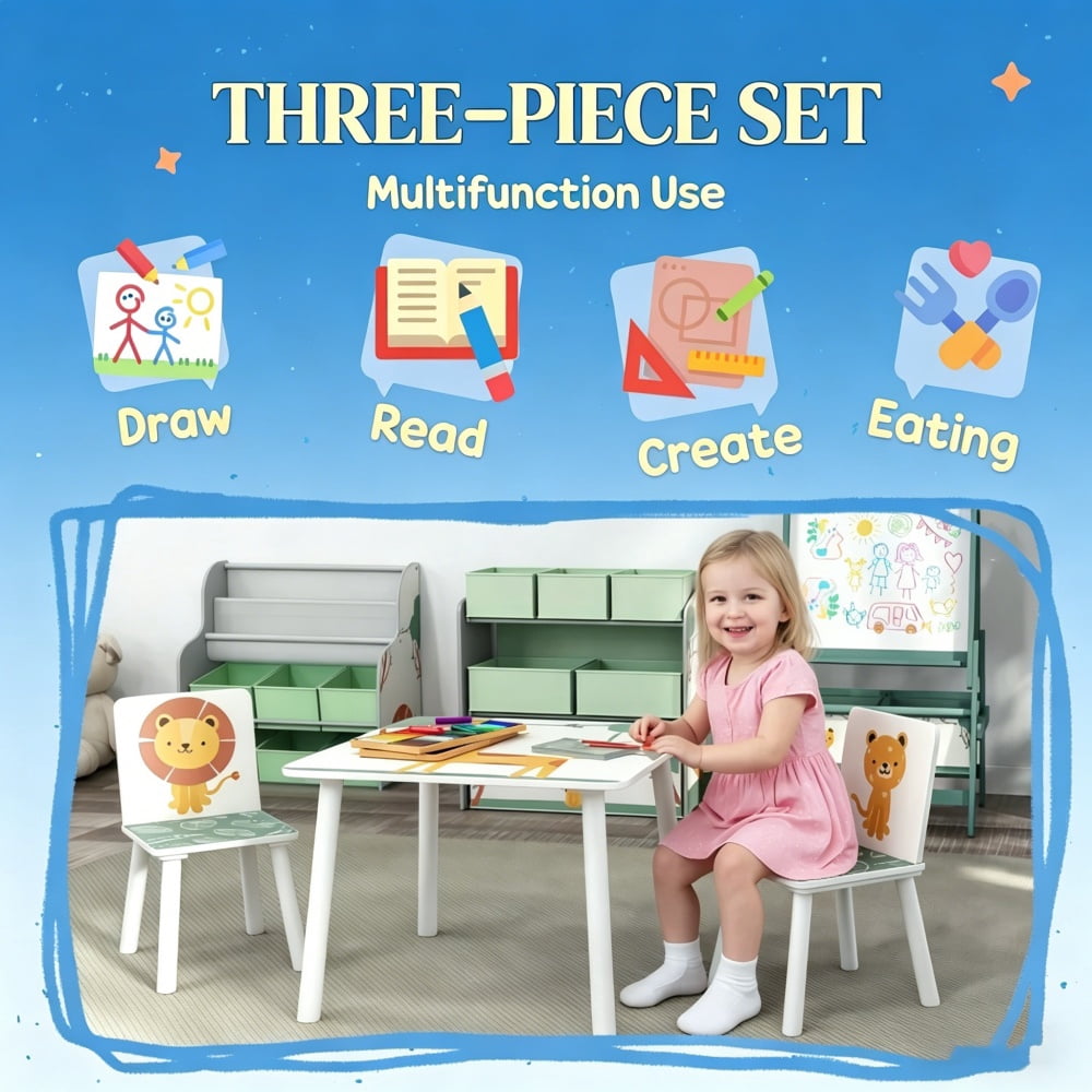 Kids Table and Chair Set, Green, MDF & Pine Material, 3-Piece (1 Table + 2 Chairs) for 3-8 Years Old Kids, Easy Assembly with Instruction Manual