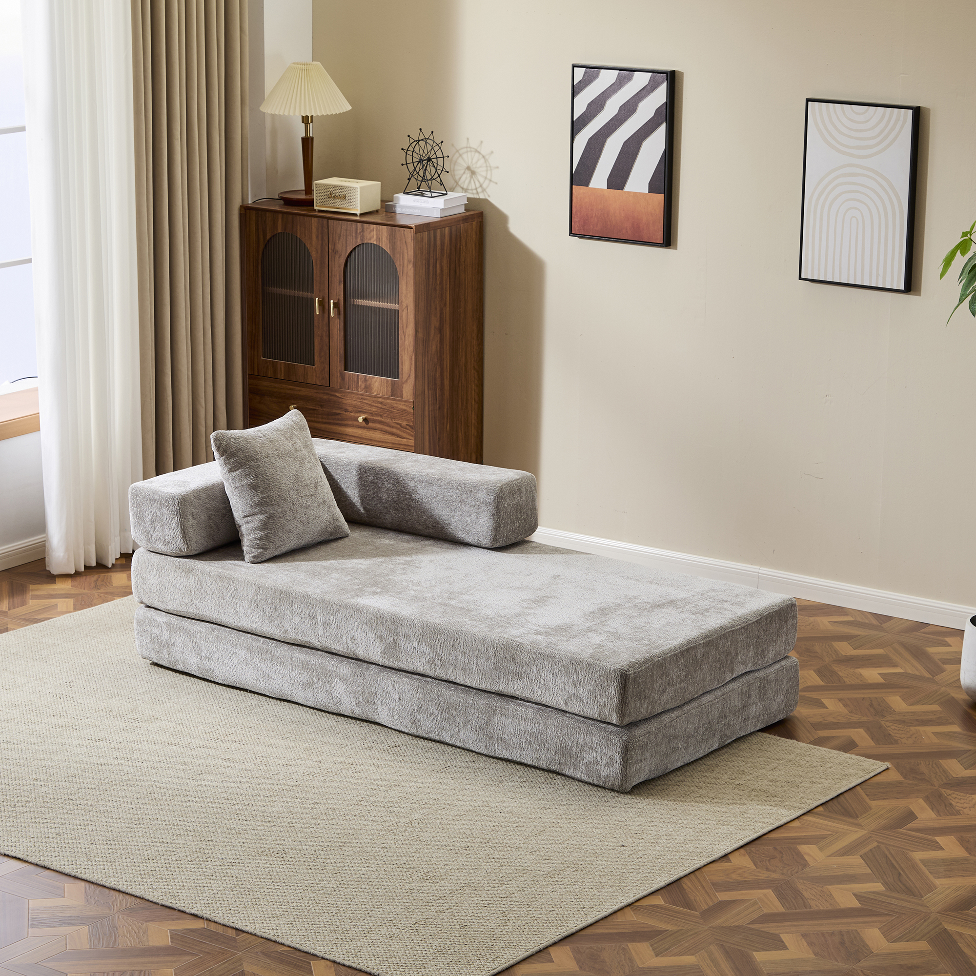 Miniyam 4 in 1 Convertible Floor Sofa Bed, Chenille Floor Couch with Armrest, Pillow for Living Room, Light Gray