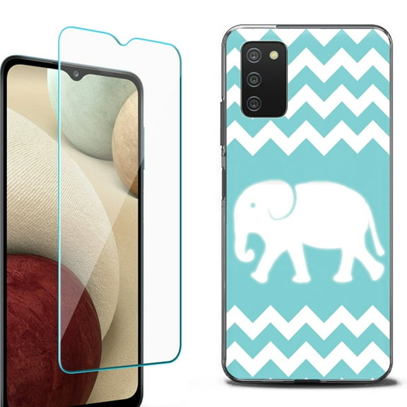 Slim-Fit Protective Fashion Phone Case (Black) for Samsung Galaxy A03s, with Tempered Glass Screen Protector, by OneToughShield ® - Chevron/Elephant