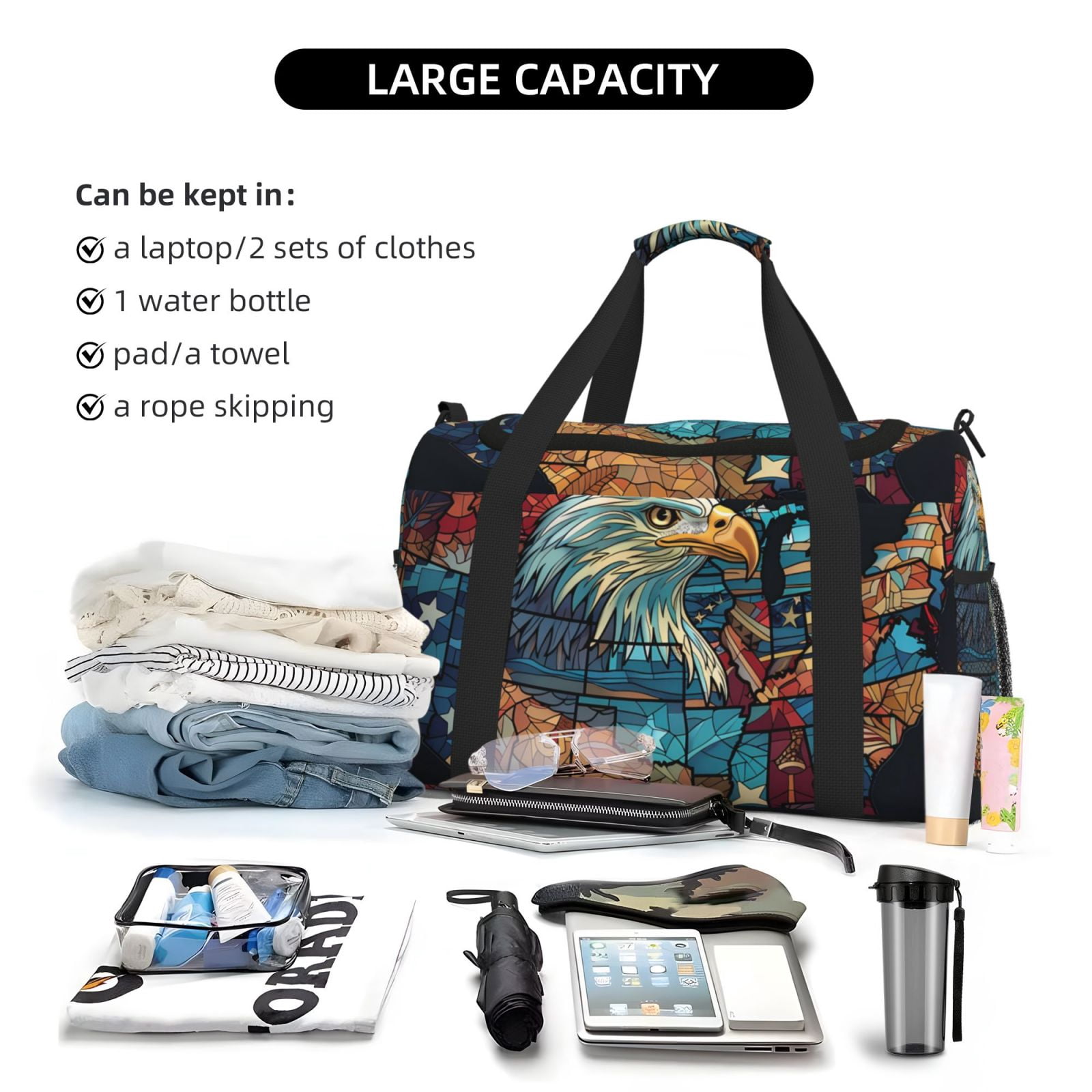 Fuzoiu Stained Glass Eagle USA Print Travel Duffle Bag,Carry On Tote Bags,Duffel Bag,Sport Gym Bag, Hospital Bag for Labor and Delivery, Overnight Bag,Luggage Bag
