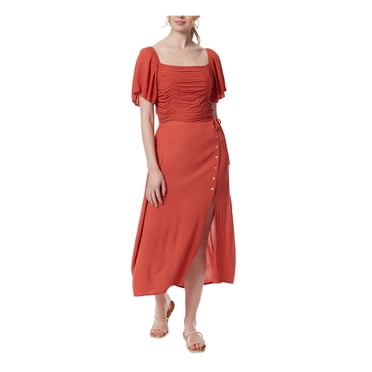 JESSICA SIMPSON Womens Orange Smocked Ruched Pullover Short Sleeve Square Neck Top L