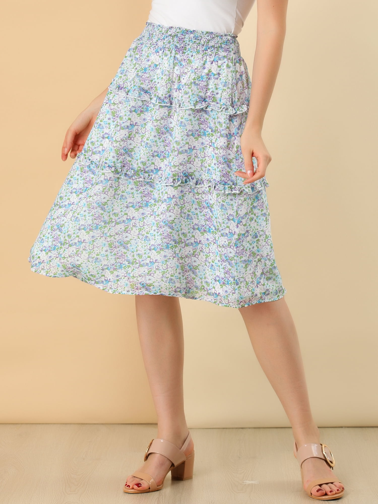 DARING DIVA Women's Floral Chiffon Layer Ruffle Hem Midi Skirt XL Blue Purple