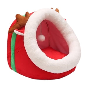Christmas Red Reindeer Pet Bed Semi Enclosed Kitty Bed Dog Bed Removable And Washable Dog Bed Winter Warm Cats Bed