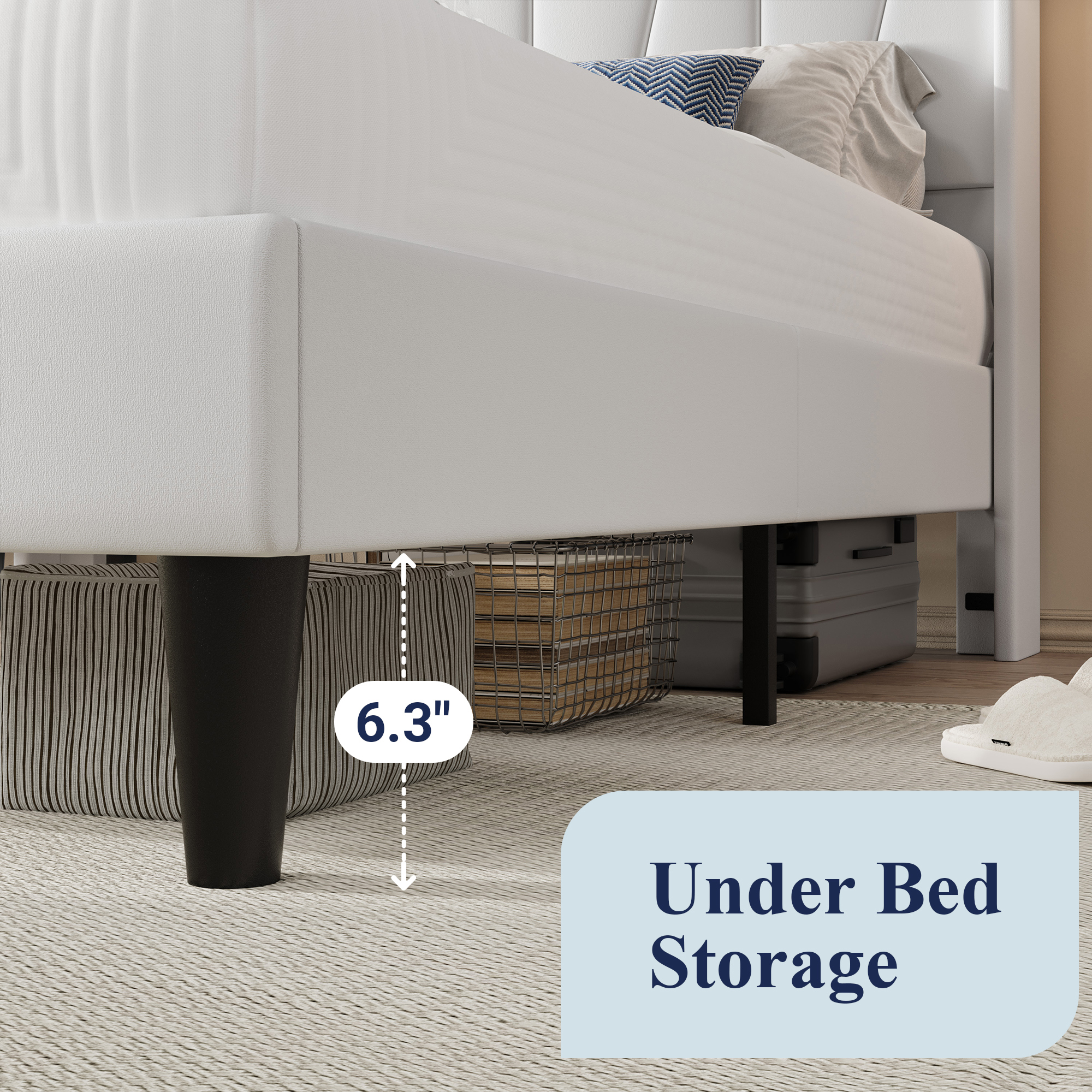 Allewie Queen Size LED Bed Frame with Charging Station, Velvet Upholstered Platform Bed with Geometric Wingback Headboard, White