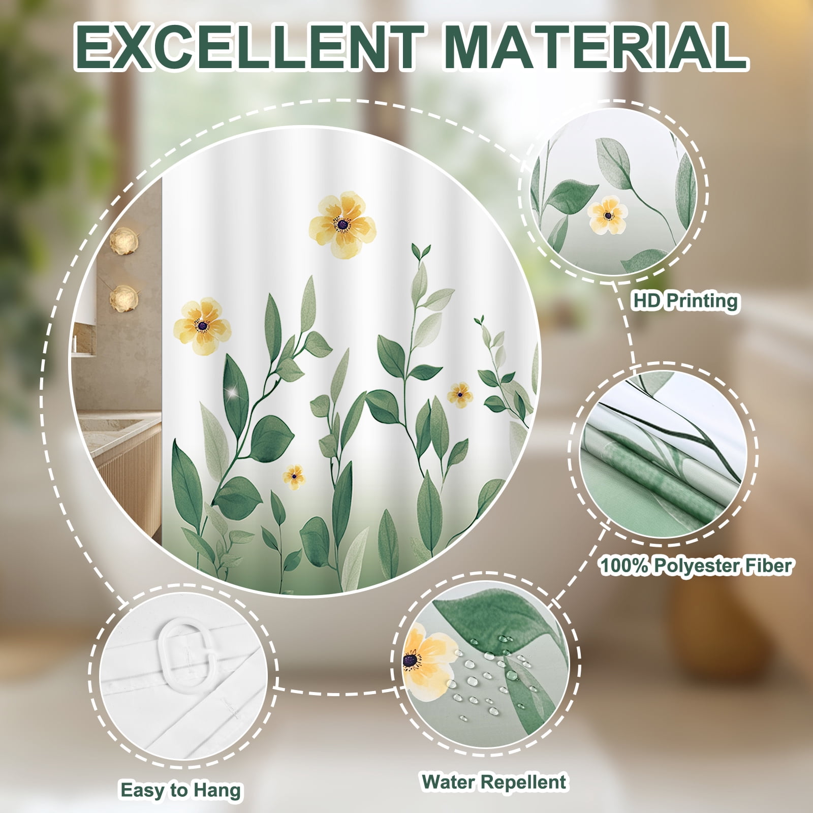 FRAMICS 16-Piece Ombre Floral Shower Curtain Sets with Rugs, Sage Green Eucalyptus Leaves Bathroom Sets, Waterproof Fabric Bathroom Curtain Decor with Hooks