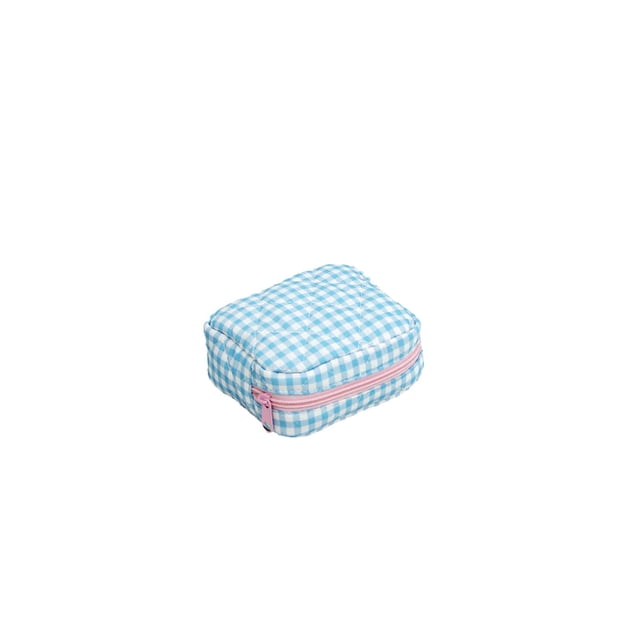 Set de neceser de viaje. Bolsa de cosméticos acolchada y organizadora para mujeres y niñas. Estampado de cuadros vichy con volantes. Mini almacenamiento