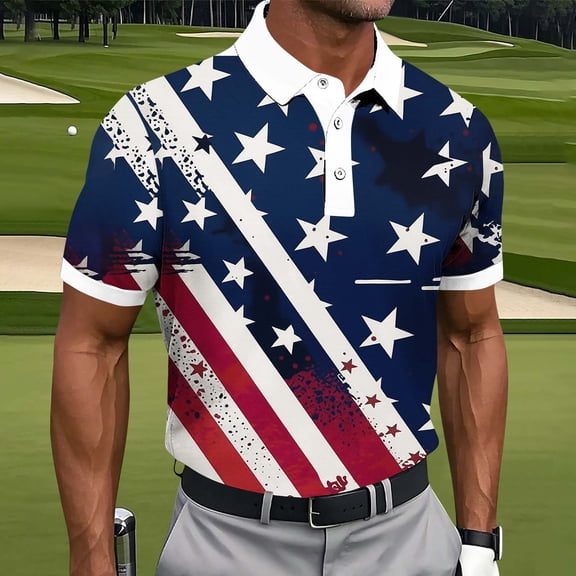 COSFO Polo Shirts for Men Big and Tall Patriotic Golf Independence Day Short Sleeve Graphic Tees Slim Fit Quick Dry Performance Pullover Collared Tops