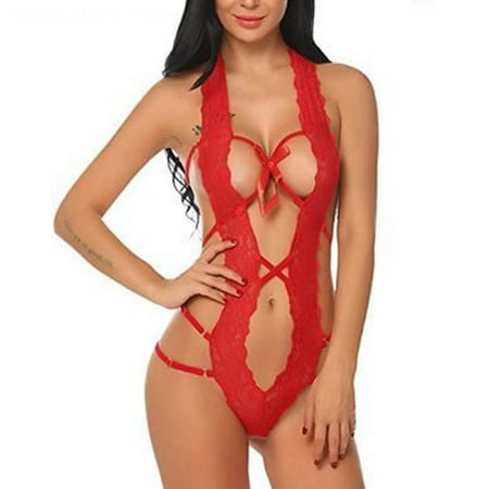 

Womens Sexy Teddy Lingerie Lace Bodysuit Sexy Lingerie Bodysuit for Women - One Piece Lace Teddy Halter Mini Babydoll Bodysuit Red1 2XL
