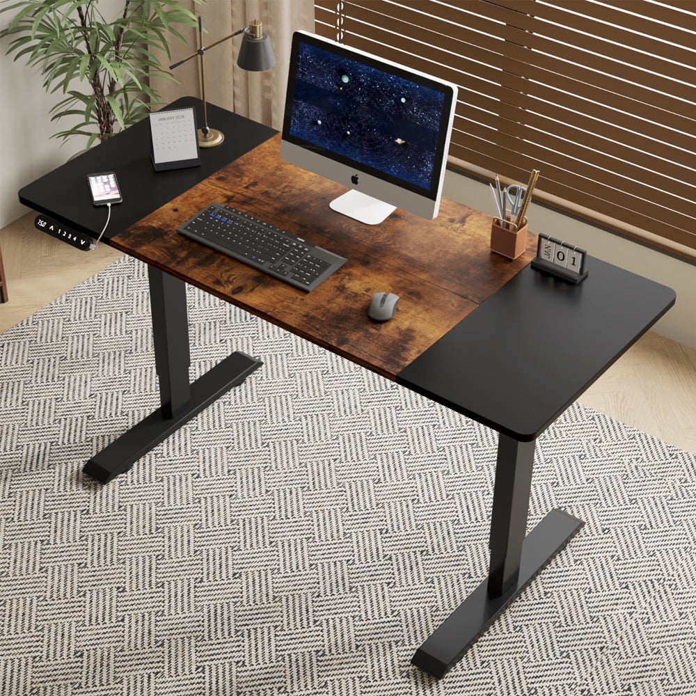 55" x 24" Black & Rustic Brown Electric Standing Desk, Height Adjustable Sit Stand Desk with Type-C Port for Home Office