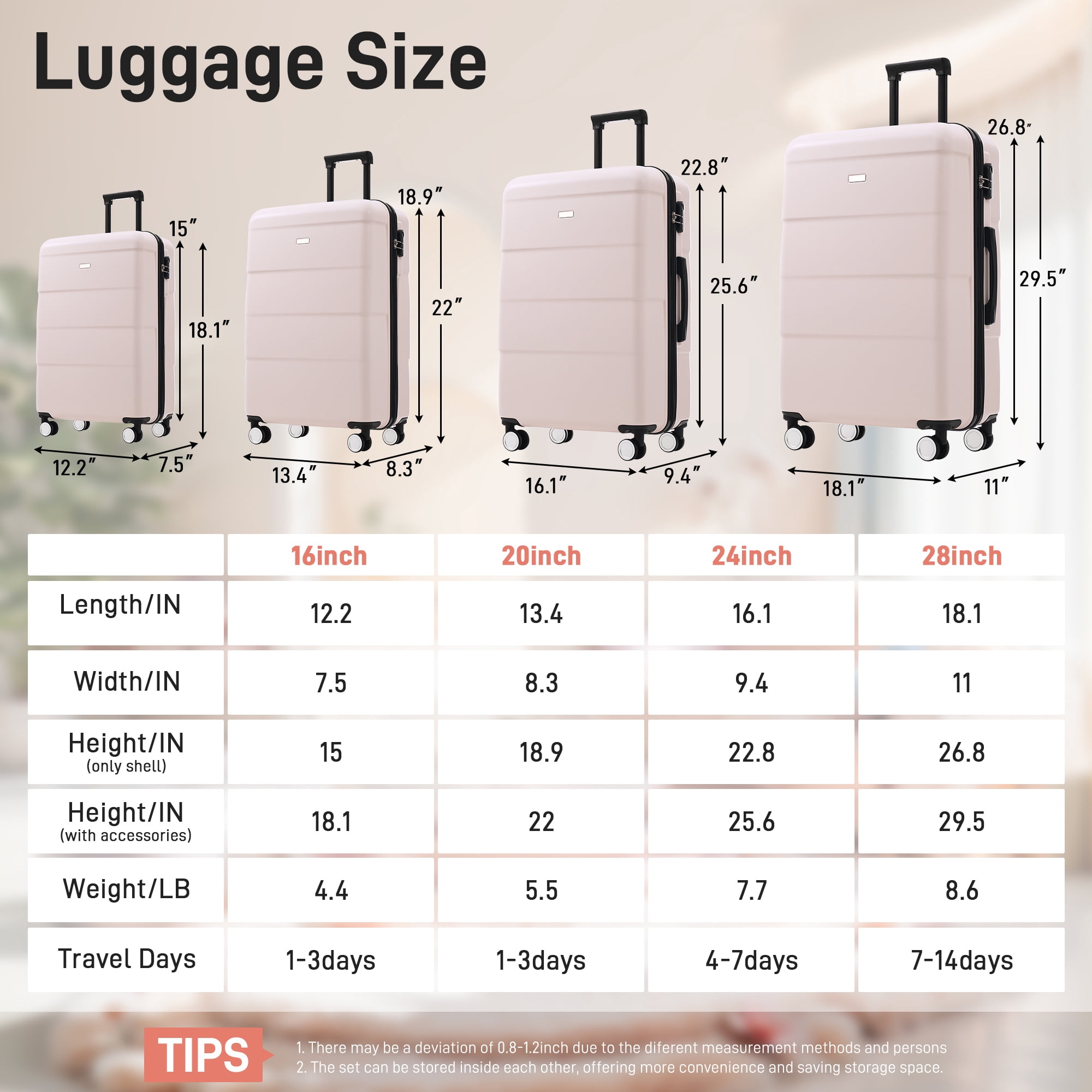 Euroco 6 Piece Luggage Sets, ABS Hardshell Suitcase Set with Password Lock,Spinner Wheels and 2 Bags,Durable Lightweight Carry on Suitcase with Handle for Travel,Light Pink(16"/20"/24"/28")