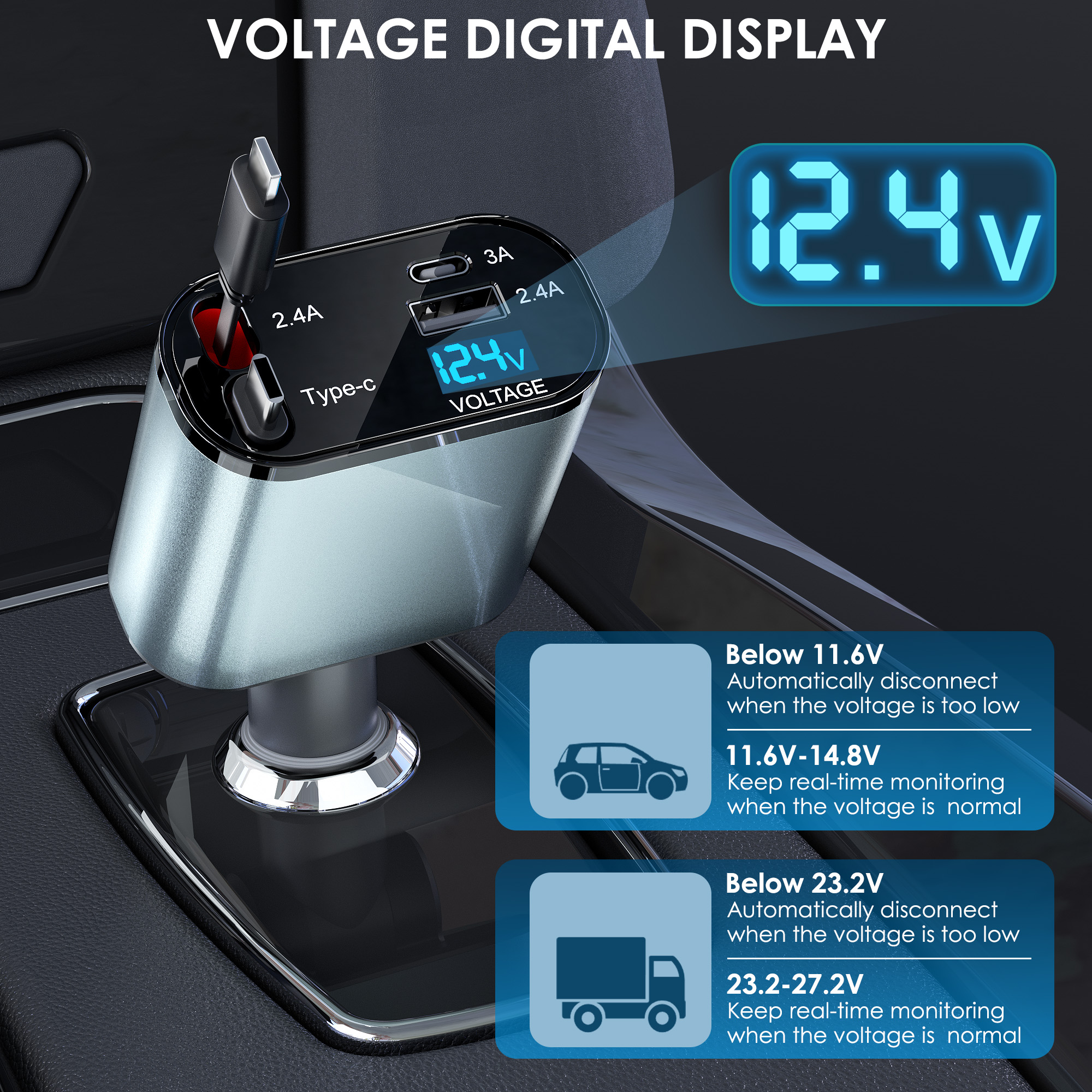 Cshidworld 66W Retractable Car Charger with 4-in-1 Cables photo 3