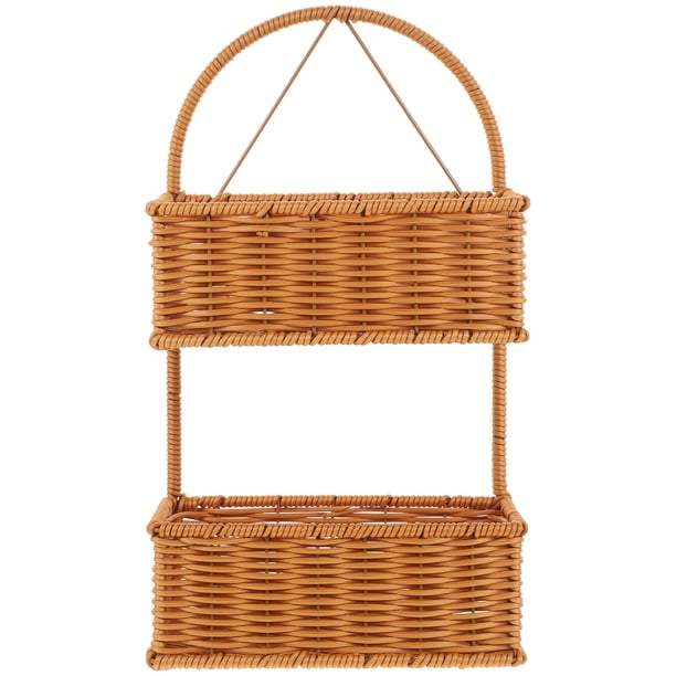 IMITACIÓN Rattan Woven Canasta de pared colgante de la pared de 2 niveles Canasta tejida para la cocina del baño