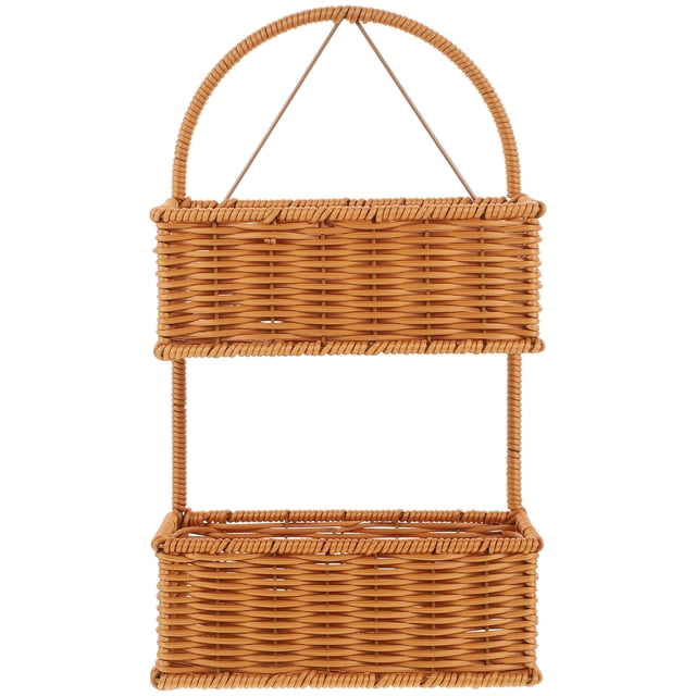 IMITACIÓN Rattan Woven Canasta de pared colgante de la pared de 2 niveles Canasta tejida para la cocina del baño