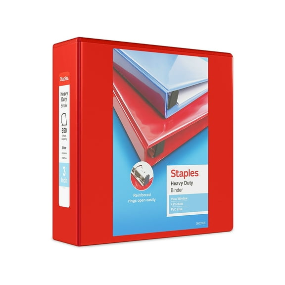 Staples Heavy Duty 3" 3-Ring View Binder with D-Rings and Four Interior Pockets Red  2/Pack