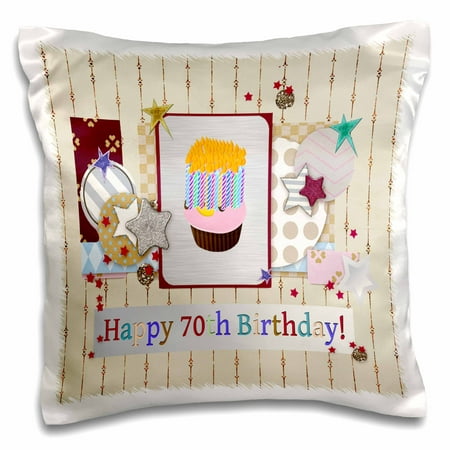 3dRose Collage of Stars, Cupcake, and Candle, Happy 70th Birthday - Pillow Case, 16 by
