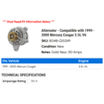 thumbnail image 2 of Alternator - Compatible with 1999 - 2000 Mercury Cougar 2.5L V6, 2 of 2