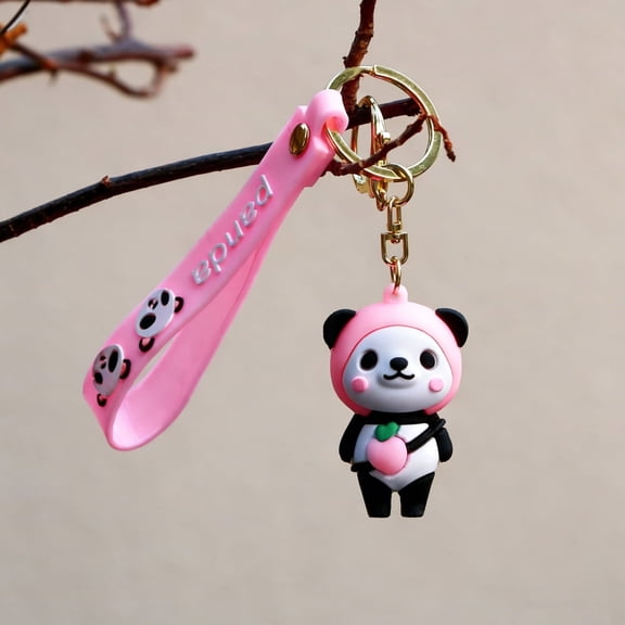 Cute Silicone Pink Panda Keychain with Wrist Strap, Girls Gifts Animal Key Ring, Kawaii Backpack Key chain Accessories