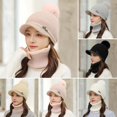 thumbnail image 2 of 2 Pcs/Set Hat Scarf Set Knitted Plush Ball Decor Solid Color Knitted Elastic Soft Thermal Windproof Wide Brim Baseball Hat Neck Wrap Neck Warmer Cap Set, 2 of 10