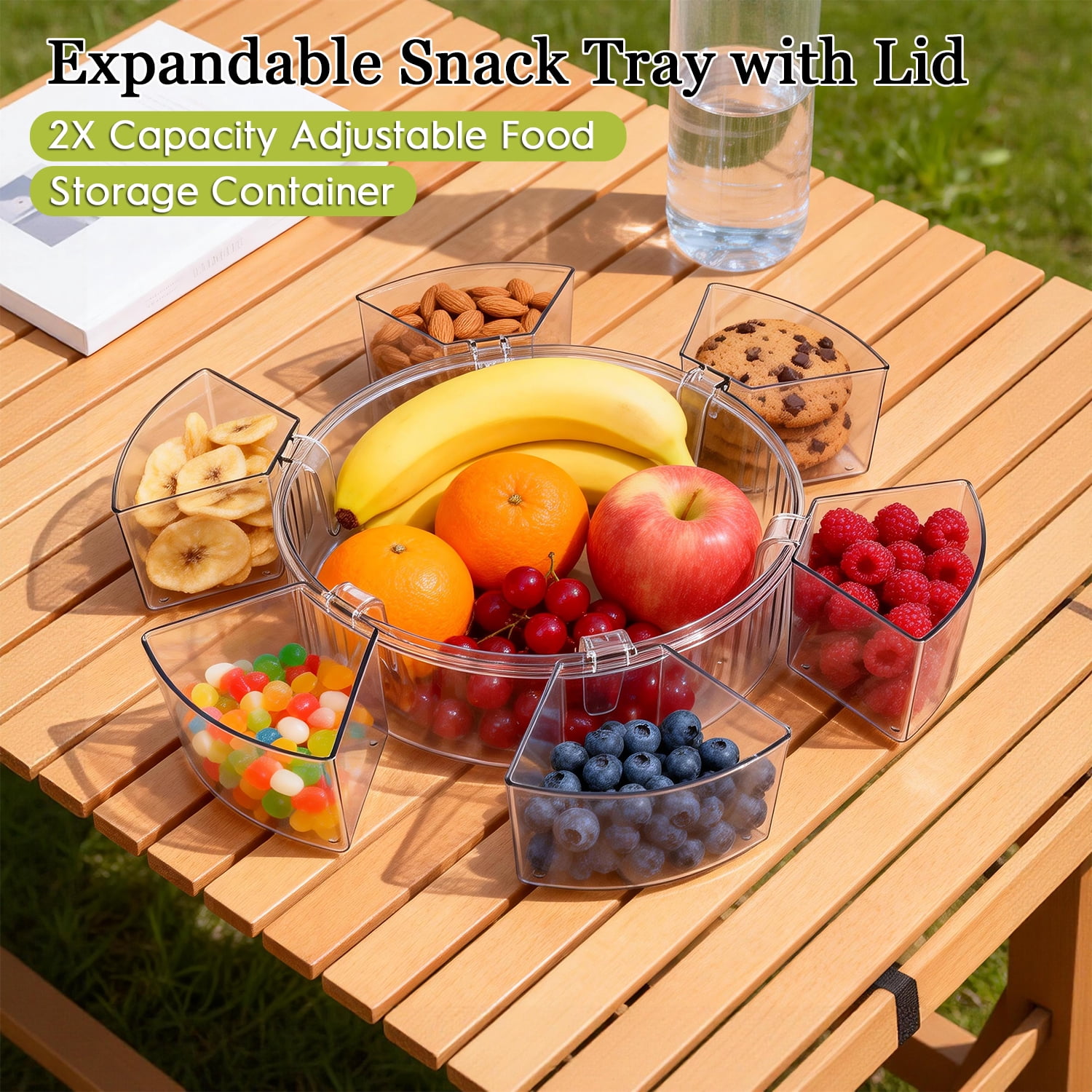 Snackle Box Container with Lid, Handle & 100 Forks, Stackable Divided Serving Tray for Fruits Candy Organizer, Portable Spinning Rounded Veggie Tray for Kitchen, Party, Travel & Picnic, 2 Pack
