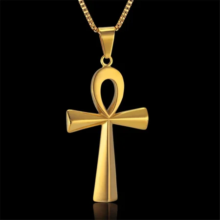 Egyptian Ankh Cross Pendant Necklace For Woman/Men The Key Of Life 14K White Gold Egypt Hieroglyphics Jewelry
