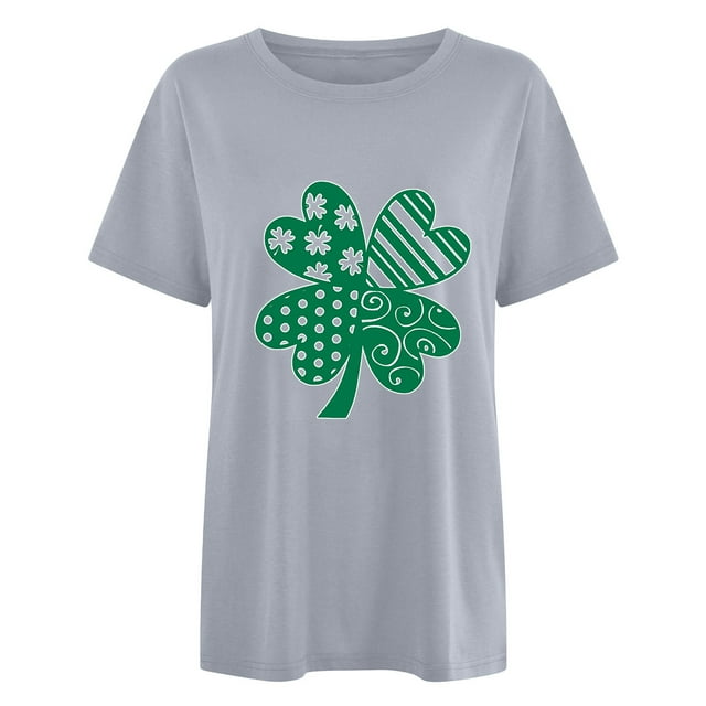 Penkiiy Mode Dames Imprimé Saint-Patrick Manches Courtes Col Rond Chemise Femme Décontractée Ample TP Gris