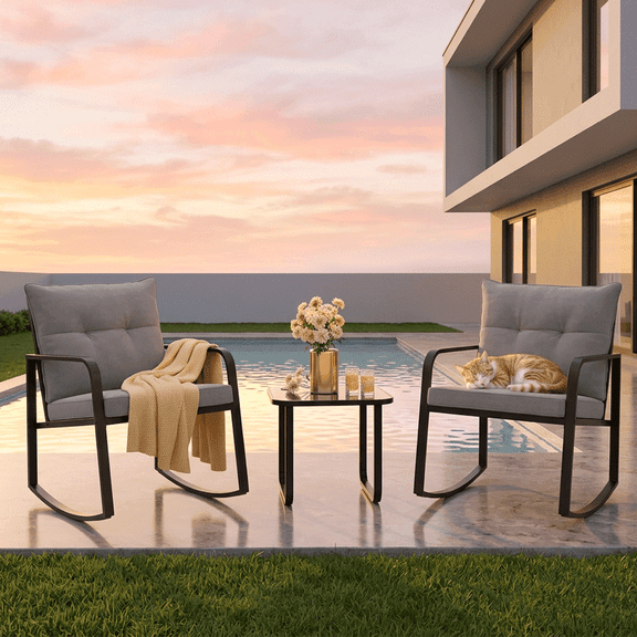 Patio Furniture Set, Rocking Bistro Set Chair with Coffee Table for Balcony, Backyard, Gray