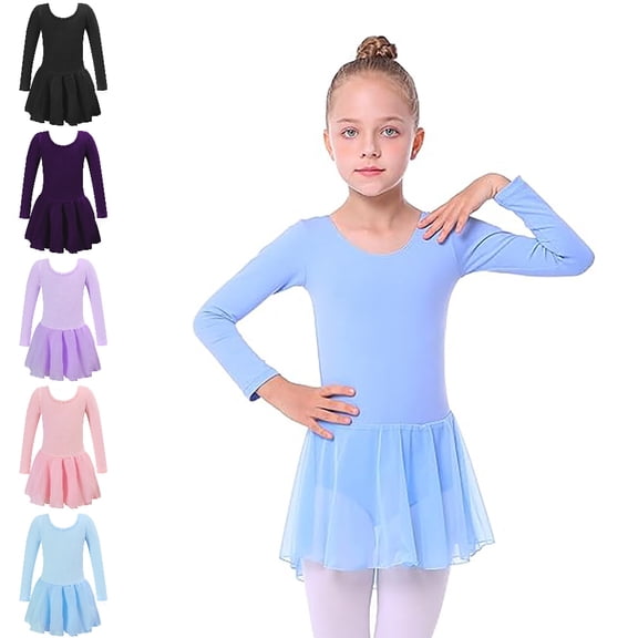 Bmisegm Girls Leotards for Dance Long Sleeve Round Neck Leotard with Attached Tutu Skirt Ballet Practice Toddler Dress 6-7 Years