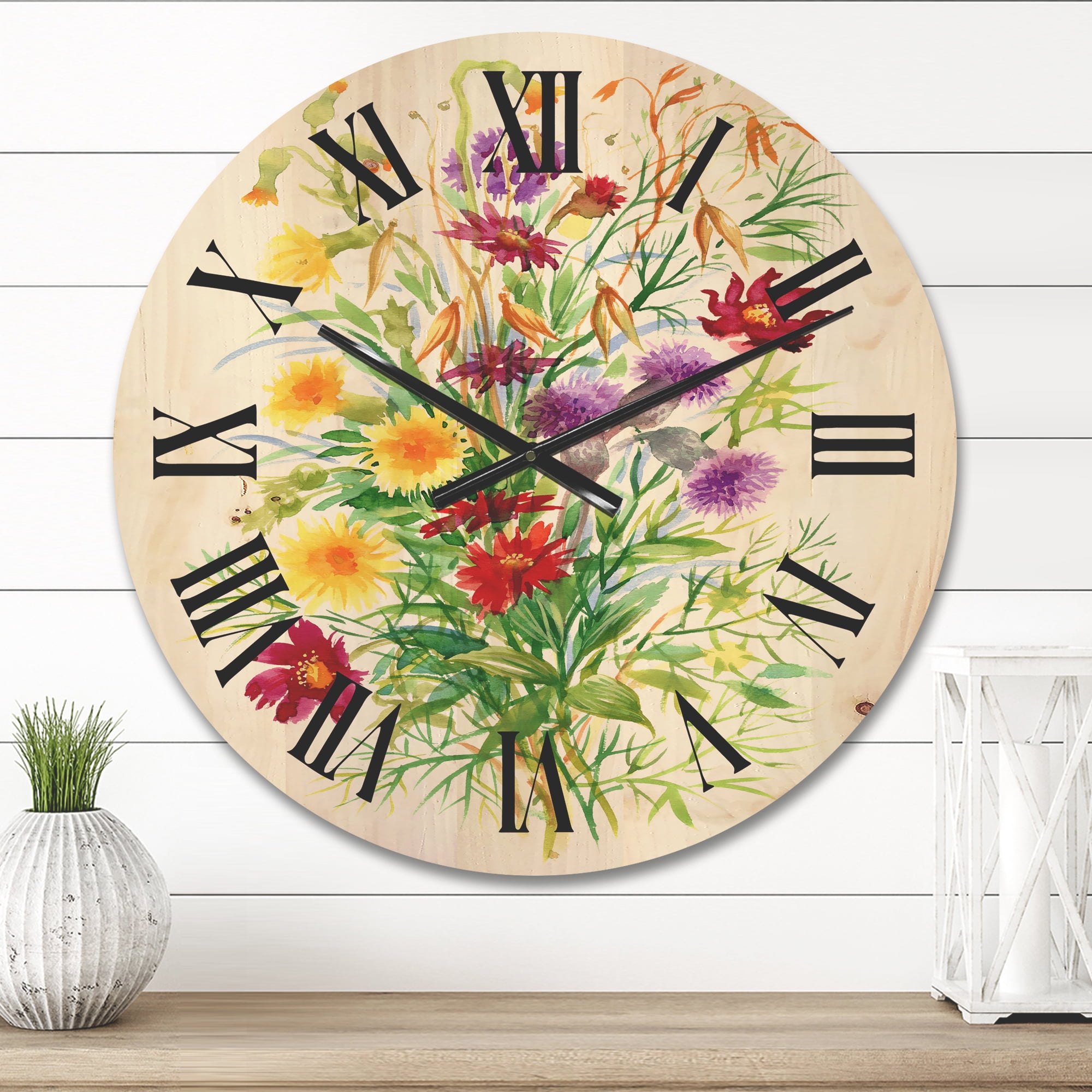 Designart 'Colorful Bouquet Of Wildflowers In Nature' Farmhouse Wood Wall Clock
