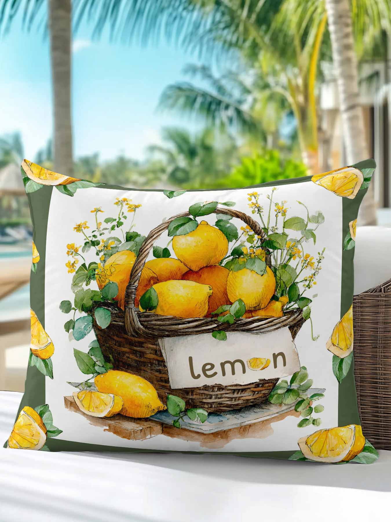 1 Pack Outdoor Pillows Waterproof, Lemon Basket Summer Indoor/Outdoor Throw Pillows with Inserts, Farmhouse Green Lace Eucalyptus Decorative Pillow for Patio Furniture Chairs Couch
