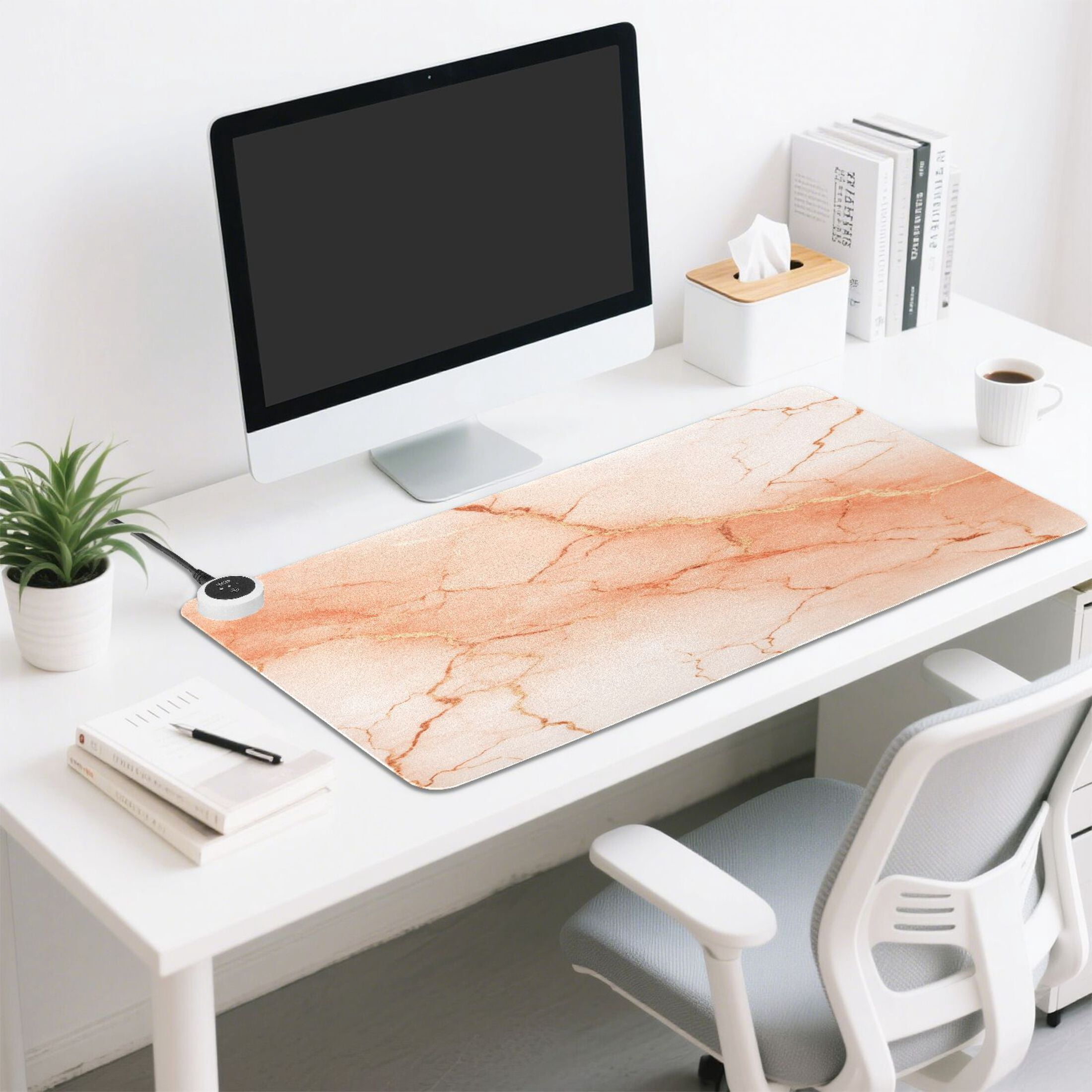 Large Heated Desk Mat Mouse Pad 31.5"x13"PU Leather Graphene Heating Desk Warmer with 3 Temperature Settings 110V US Plug Non-Slip Warm Pad for Home, Office, and Gaming Light Orange Marble Crack