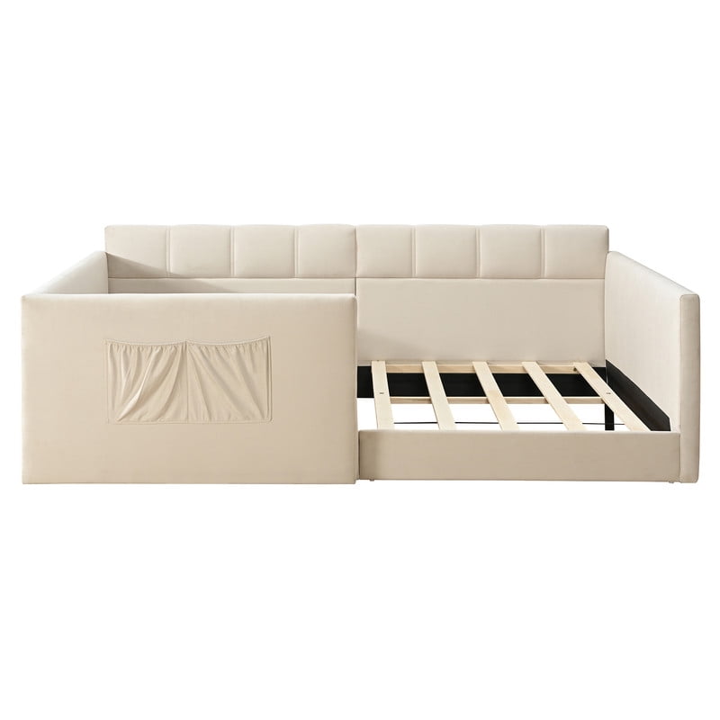 Full Size Velvet Daybed with 2 Storage Pockets, Upholstered Guest Sofa Bed Frame with High & Padded Backrest