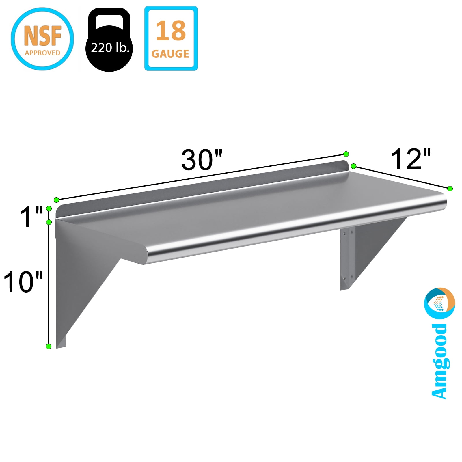 AmGood 12 in. x 30 in. Stainless Steel Wall Shelf | NSF Certified | Appliance & Equipment Metal Shelving | Kitchen, Restaurant, Garage, Laundry, Utility Room