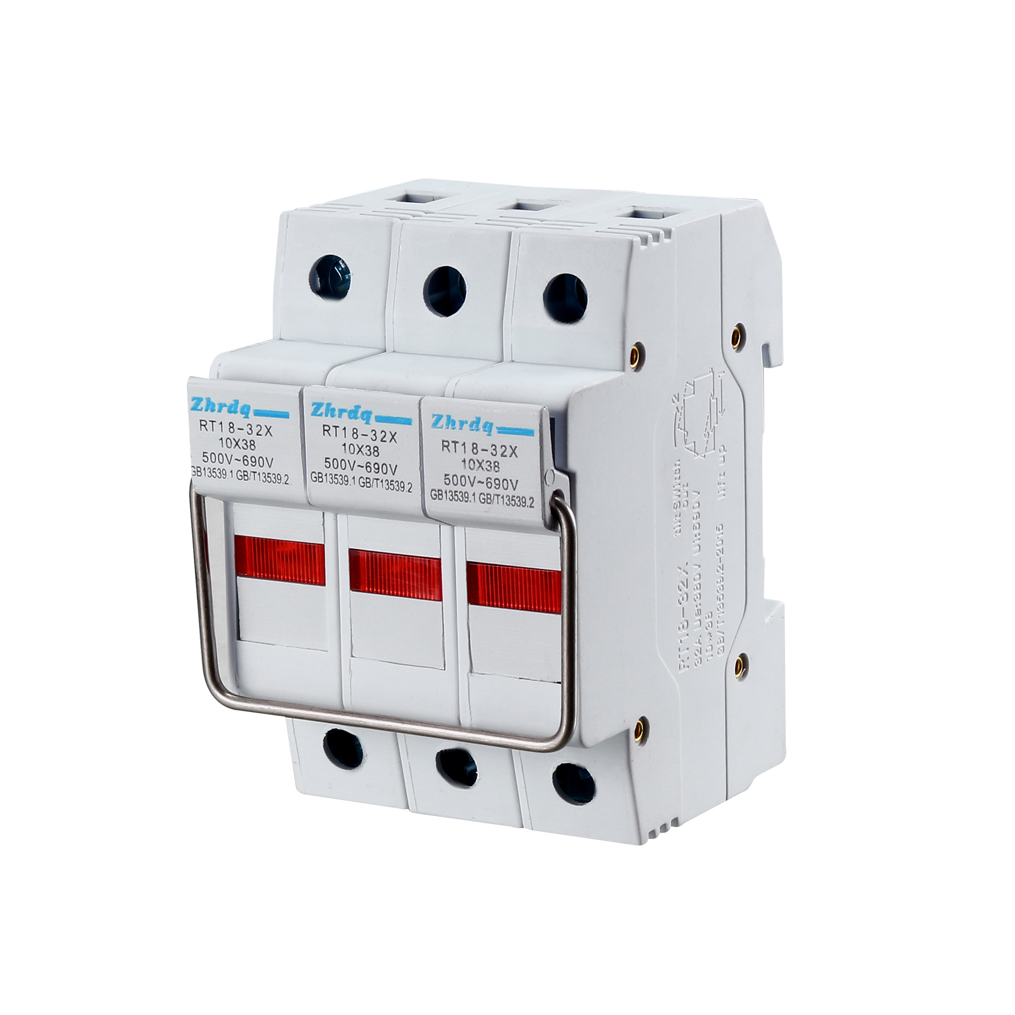 DIN Rail Mount Fuse Holder 3 Pole RT1832 10mmx38mm w Indicator Light