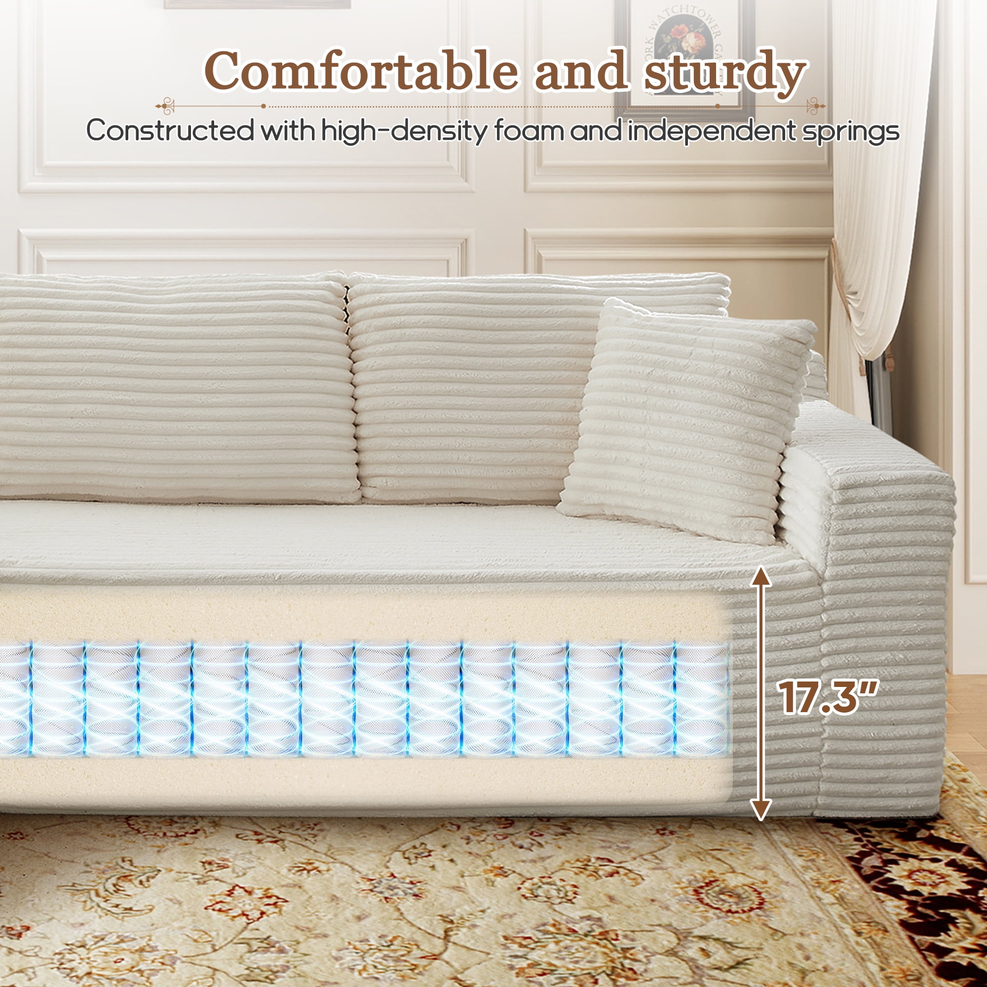 Muumblus Modular Sectional Sofa, Oversized L-Shape Cloud Couch, Modern Corduroy Sleeper Couches for Living Room, No Assembly Required, Beige White (Left Facing Chaise)