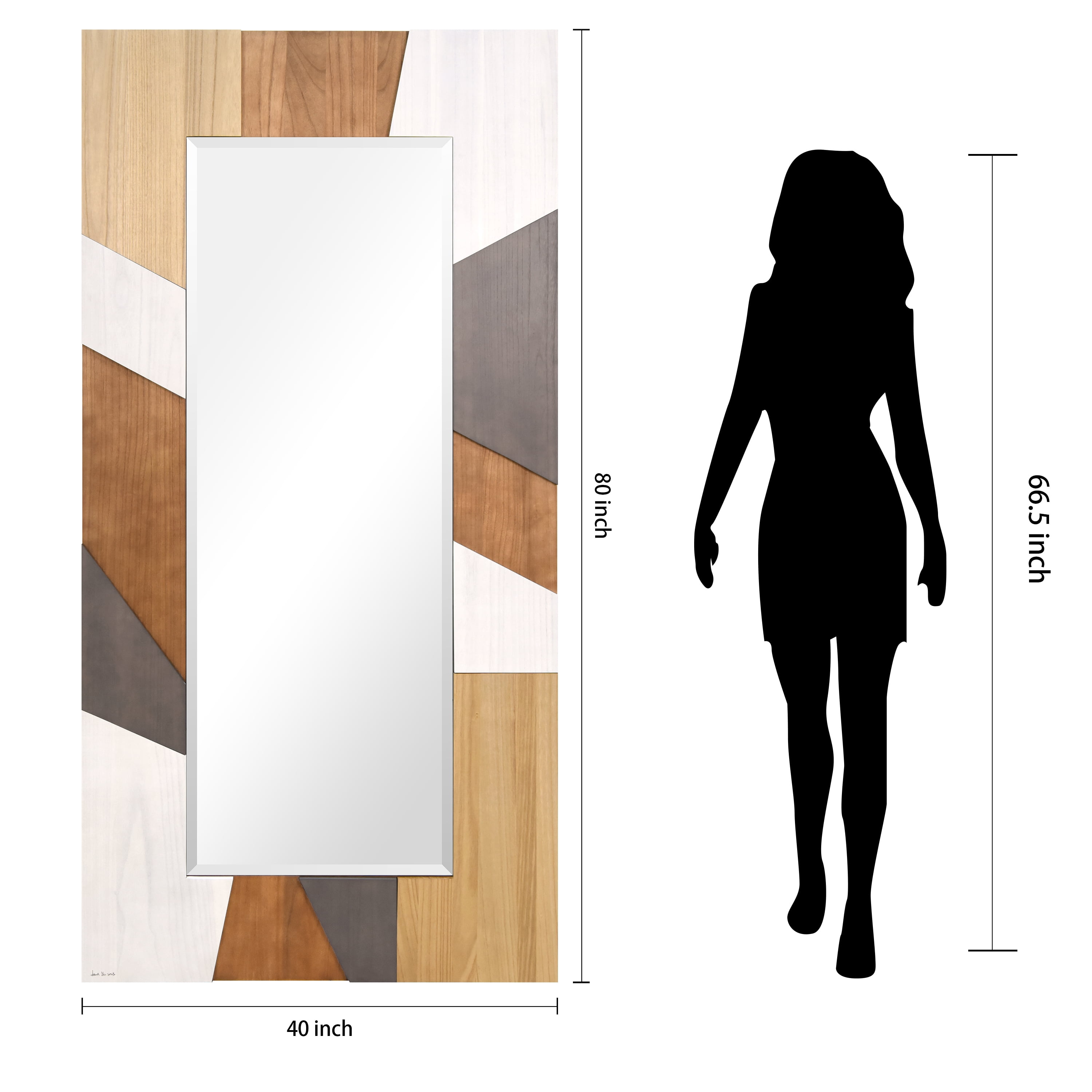 "Modern Geometric" Hand Made Solid Paulownia Wood Beveled Leaner Mirror,size 80"x40"