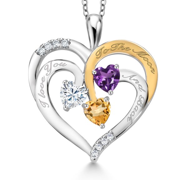 Gem Stone King Two Tone White Moissanite Purple Amethyst Yellow Citrine `I love you to the moon and back` Engraved Pendant Necklace for Women (1.30 cttw, Heart Shape 5MM, 18 inch Chain)