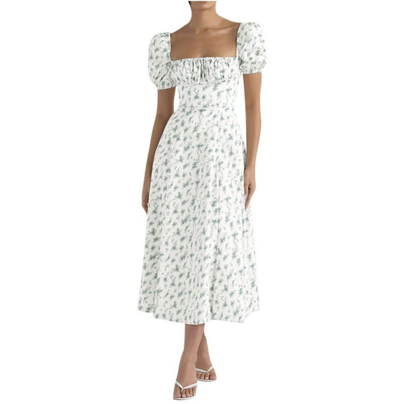 Wycnly Summer Dresses for Women Beach Cute Puff Sleeve Tie Front Empire Waist Slit Swing Long Sundress 2024 Short Sleeve Square Neck Floral Print Maxi Formal Dress Mint Green s