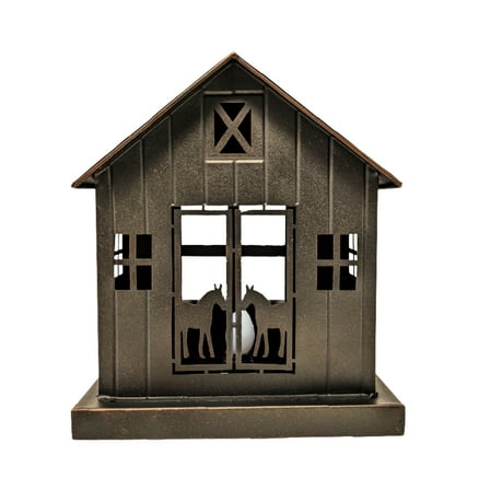Rustic Barn-Shaped Metal Night Light with Horse Silhouettes – Farmhouse Cowboy Ranch Table Lamp – Barnyard Accent Lighting for Country Home Décor – Unique Gift for Horse Lovers and Western Fans