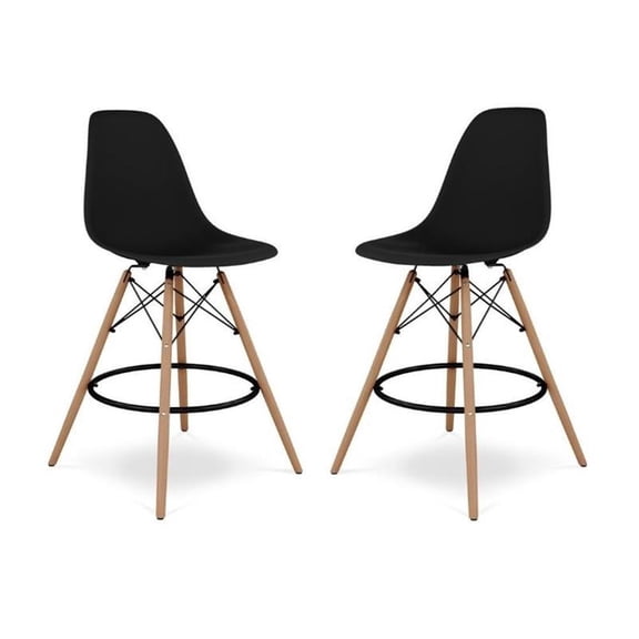 Home Square 2 Piece 28" Plastic and Wood Counter Stool Set in Black/Brown