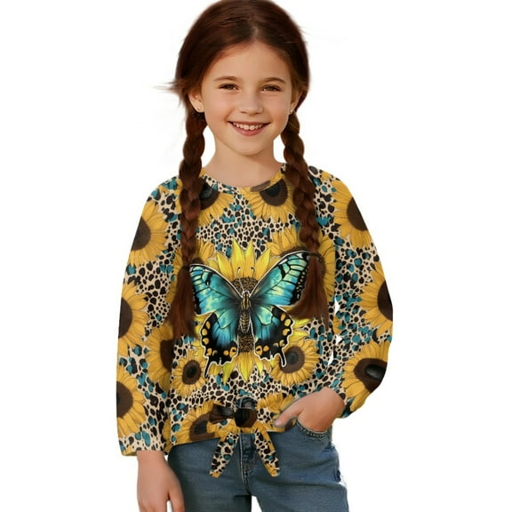 Xoenoiee Butterfly Sunflower Leopard Print Girl's Long Sleeve Shirts Tie Front Knot Tops Tee Crew Neck T Shirt Pullover Tunic Sweatshirt for Beach Vacation, 5-6 Year