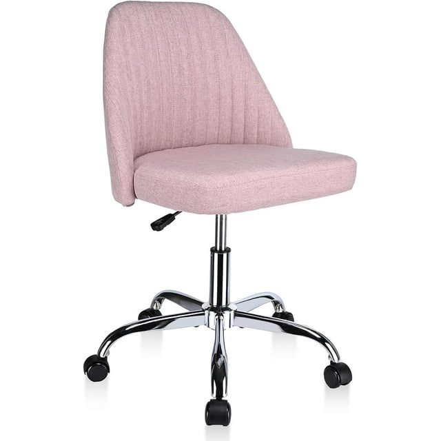Modern Mid Back Linen Fabric Desk Chair, Height Adjustable Swivel Computer Task Chair Cute Upholstered Armless Home Office Chair, Pink