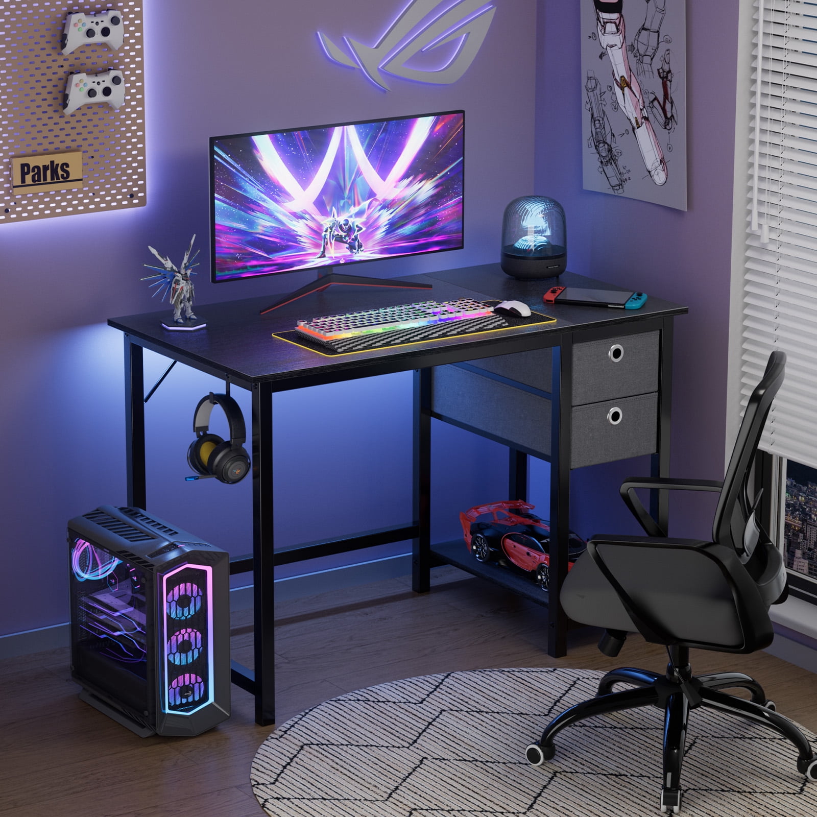 Gianna 40 inch Computer Desk with Storage Drawers, Modern Simple Style Laptop Desk, Black