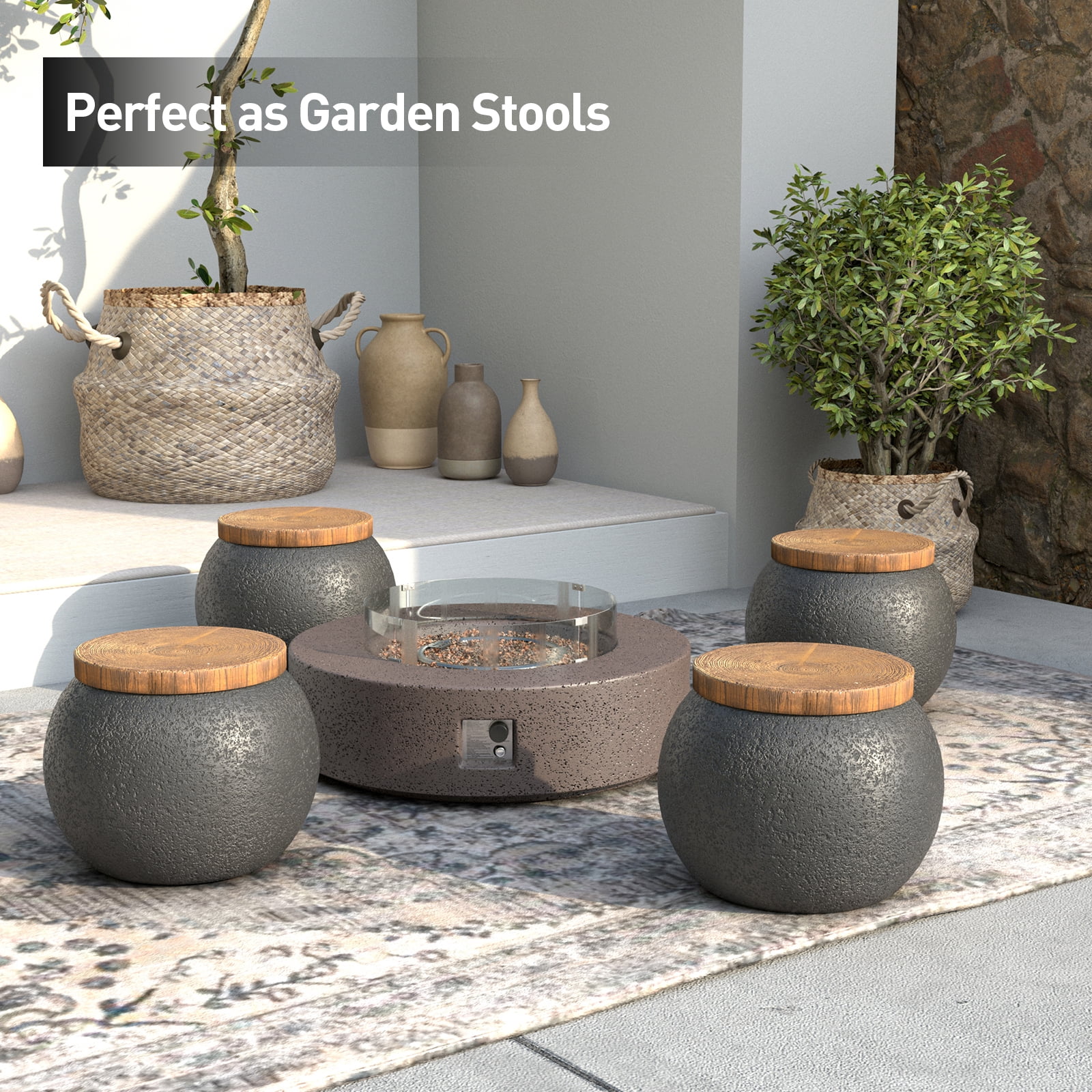 VENTOPYR 2 PCS Concrete Outdoor Side Table with Wood Grain Top,Small Jar Shaped Round Accent End Table for Patio, Garden,Black