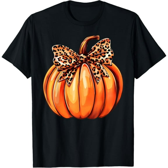 Coquette Bow Leopard Pumpkin Thanksgiving Rustic Fall Women T-Shirt Shirts