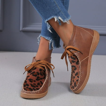

HIBRO Women Breathable Flat Round Toe Leopard Lace-Up Casual Single Shoes Short Boots