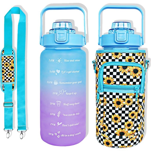 64 oz Water Bottle with Straw Sleeve & Strap Motivational BPA Free Half Gallon Water Jug with Handle for Gym Women Men Aesthetic Water Bottle with Strap Sunflower