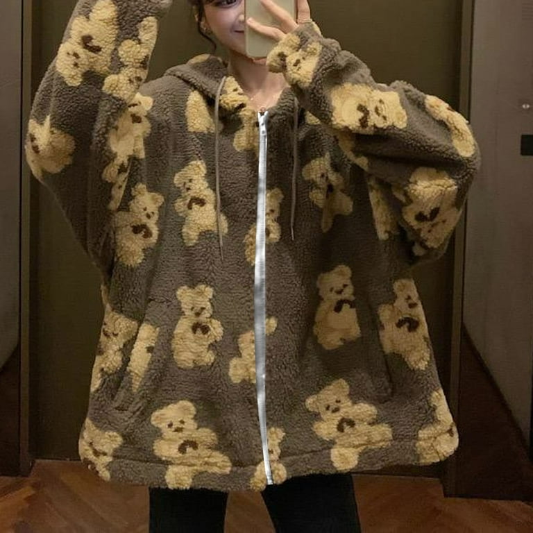 Hfyihgf Oversized Sherpa Jacket for Women Fuzzy Fleece Cute Bear