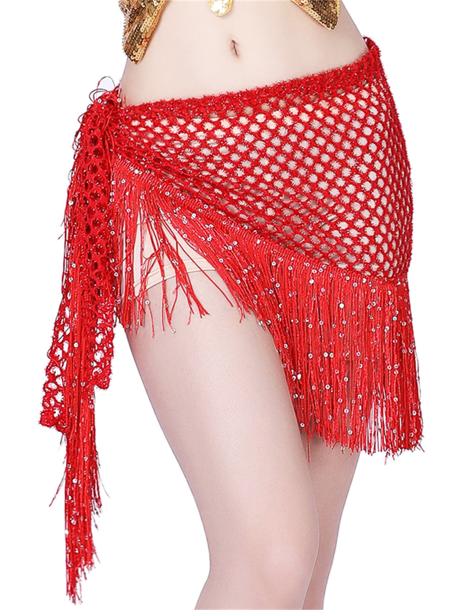 Women's Sequins Tassel Hip Scarf Skirt Boho Belly Dance Fringe Belt Wrap Skirt Rave Party Festival Performance Outfit 